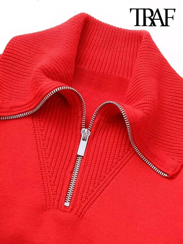 TRAF sieviešu modes ar rāvējslēdzēju trikotāžas džemperis retro stila sieviešu džemperi ar garām piedurknēm