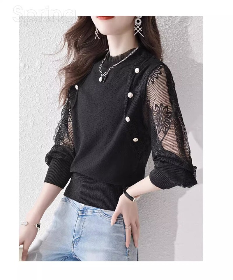 Sieviešu džemperis, mežģīņu piedurkne, raibs korejiešu modes stils, ikdienas apģērbs vienkrāsains, brīvs pavasara rudens trikotāža