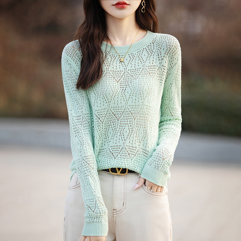 Pavasara rudens jauns sieviešu apģērbu džemperis 100% kokvilnas trikotāžas džemperis apaļš kakla modes tīklojums lielām piedurknēm vienkrāsains topi