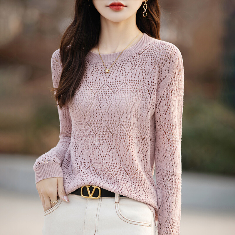 Pavasara rudens jauns sieviešu apģērbu džemperis 100% kokvilnas trikotāžas džemperis apaļš kakla modes tīklojums lielām piedurknēm vienkrāsains topi