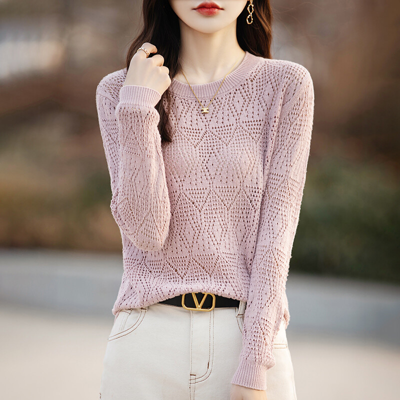 Pavasara rudens jauns sieviešu apģērbu džemperis 100% kokvilnas trikotāžas džemperis apaļš kakla modes tīklojums lielām piedurknēm vienkrāsains topi