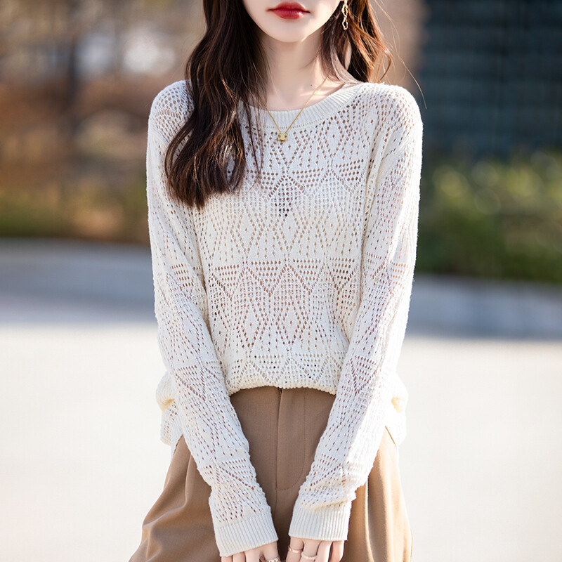 Pavasara rudens jauns sieviešu apģērbu džemperis 100% kokvilnas trikotāžas džemperis apaļš kakla modes tīklojums lielām piedurknēm vienkrāsains topi
