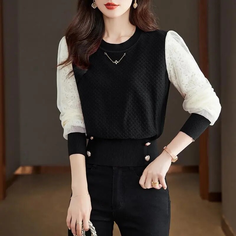 Pavasara jauns tīklveida dobs žakarda džemperis ar garām piedurknēm sieviešu masīvs apaļš kakla izgriezums, vidukļa poga korejiešu modes trikotāžas tops