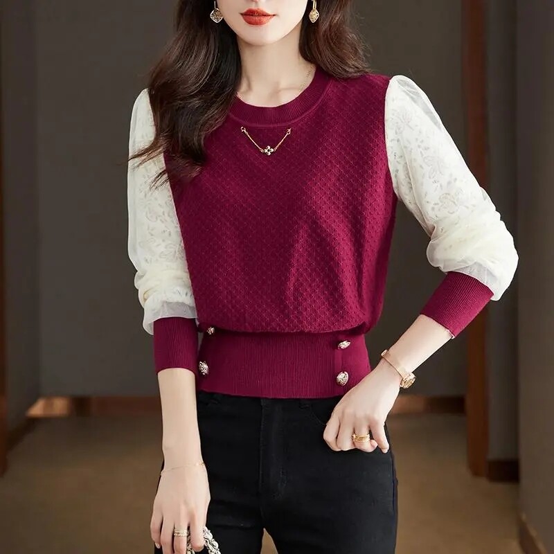 Pavasara jauns tīklveida dobs žakarda džemperis ar garām piedurknēm sieviešu masīvs apaļš kakla izgriezums, vidukļa poga korejiešu modes trikotāžas tops
