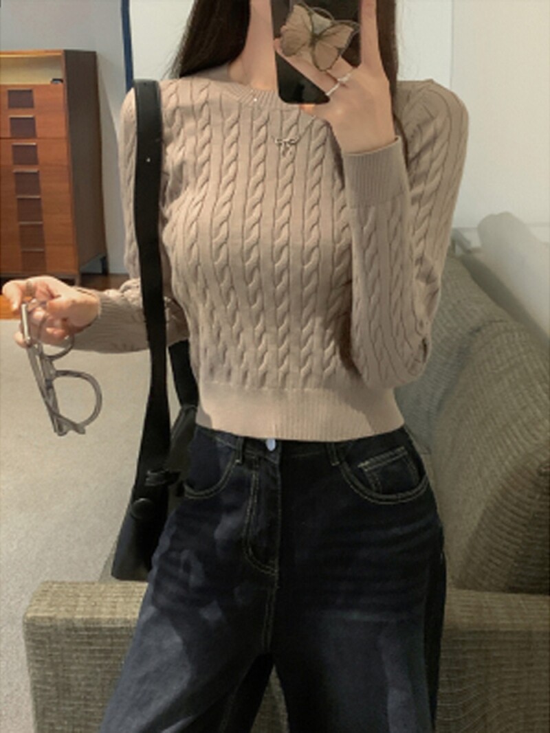 Gagarich 2024 Νέο ευέλικτο απλό γκρι κοντό στρογγυλό λαιμό Τηγανιστή ζύμη Twists Πουλόβερ Γυναικεία Πλεκτά Φθινοπωρινό χειμωνιάτικο μπλουζάκι