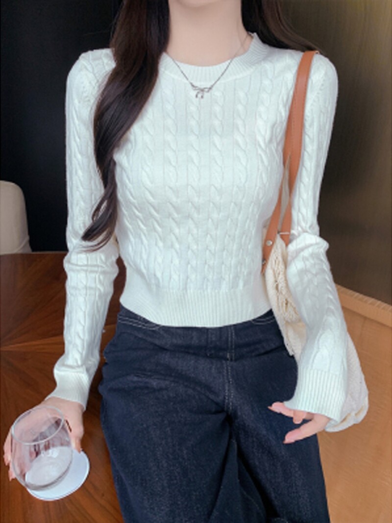 Gagarich 2024 Νέο ευέλικτο απλό γκρι κοντό στρογγυλό λαιμό Τηγανιστή ζύμη Twists Πουλόβερ Γυναικεία Πλεκτά Φθινοπωρινό χειμωνιάτικο μπλουζάκι