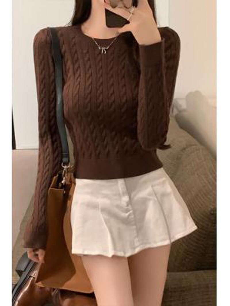 Gagarich 2024 Νέο ευέλικτο απλό γκρι κοντό στρογγυλό λαιμό Τηγανιστή ζύμη Twists Πουλόβερ Γυναικεία Πλεκτά Φθινοπωρινό χειμωνιάτικο μπλουζάκι