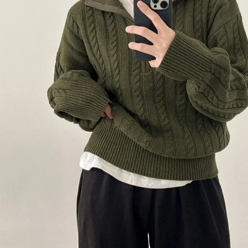 Deeptown Vintage Γυναικεία Πουλόβερ με μισό φερμουάρ Κορεάτικη μόδα Πλεκτό Πλεκτό Πλεκτό πουλόβερ Χαλαρά Casual Θερμικά Πλεκτά Φθινοπωρινά