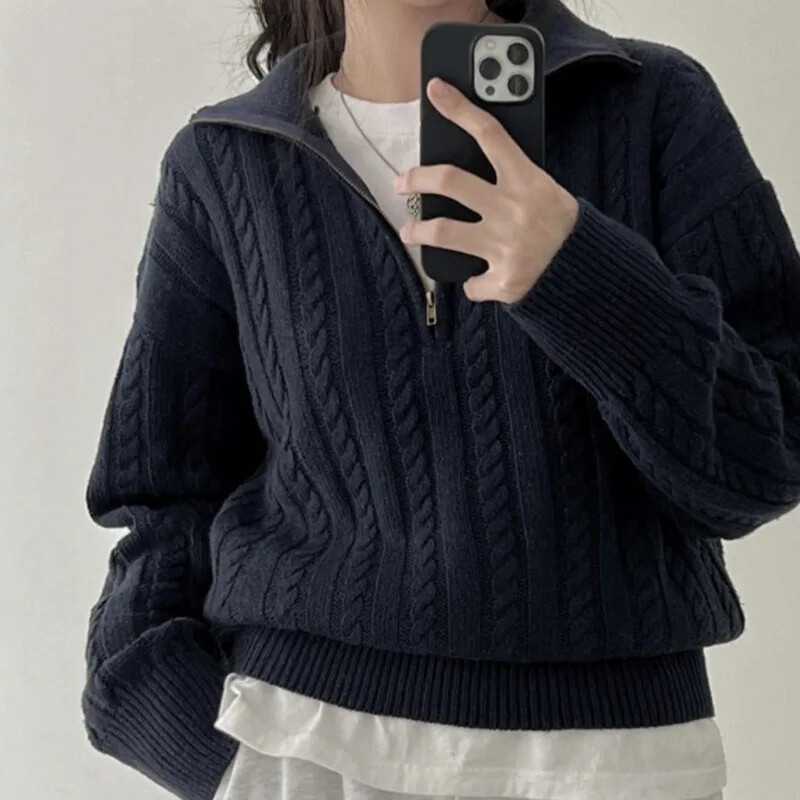 Deeptown Vintage Γυναικεία Πουλόβερ με μισό φερμουάρ Κορεάτικη μόδα Πλεκτό Πλεκτό Πλεκτό πουλόβερ Χαλαρά Casual Θερμικά Πλεκτά Φθινοπωρινά