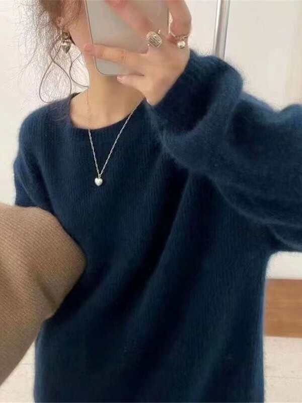 2023, toamnă iarnă, pulover de cașmir cu gât rotund, pentru femei, gri groasă, mohair, din lână, tricot moale, pulover cu mânecă lungă, top de bază