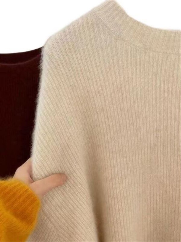 2023, toamnă iarnă, pulover de cașmir cu gât rotund, pentru femei, gri groasă, mohair, din lână, tricot moale, pulover cu mânecă lungă, top de bază