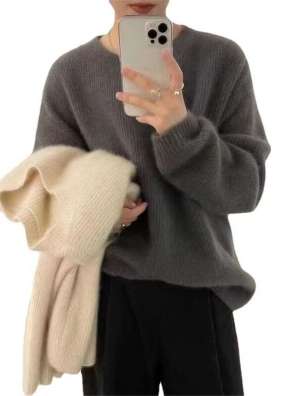 2023, toamnă iarnă, pulover de cașmir cu gât rotund, pentru femei, gri groasă, mohair, din lână, tricot moale, pulover cu mânecă lungă, top de bază