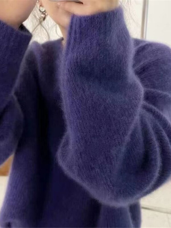 2023, toamnă iarnă, pulover de cașmir cu gât rotund, pentru femei, gri groasă, mohair, din lână, tricot moale, pulover cu mânecă lungă, top de bază