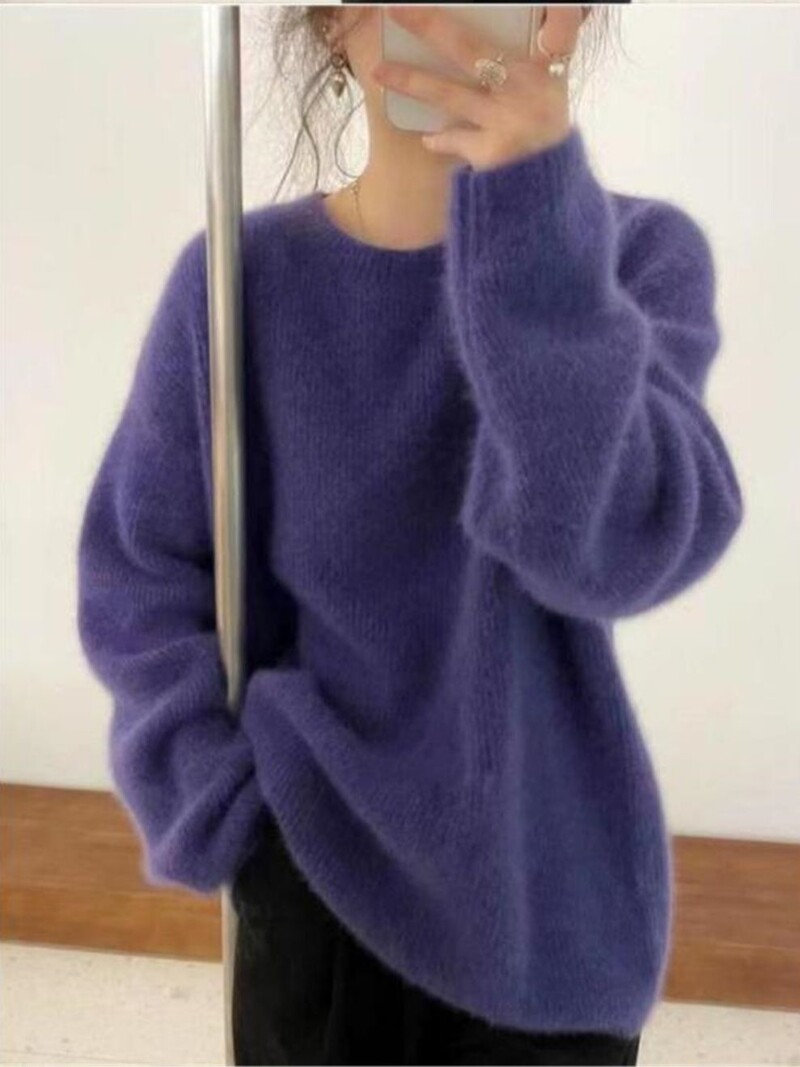 2023, toamnă iarnă, pulover de cașmir cu gât rotund, pentru femei, gri groasă, mohair, din lână, tricot moale, pulover cu mânecă lungă, top de bază