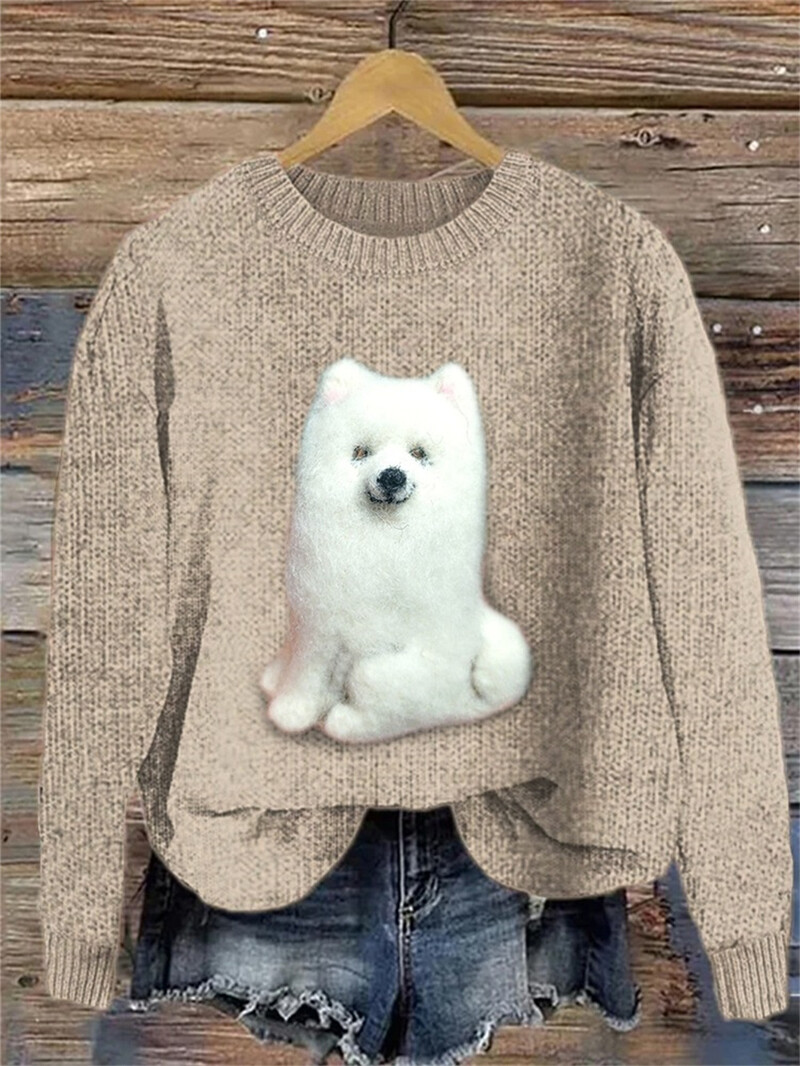 2024 nou cu imprimare digitală cu ac grosier 3D hanorac cu gât rotund animal câine top din țesătură cu ac grosier pentru femei, cu mânecă lungă confortabilă