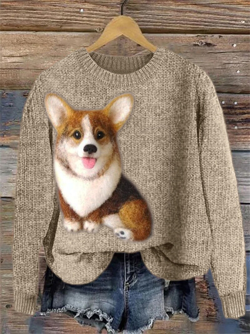 2024 nou cu imprimare digitală cu ac grosier 3D hanorac cu gât rotund animal câine top din țesătură cu ac grosier pentru femei, cu mânecă lungă confortabilă