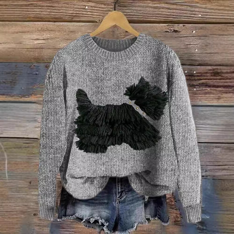 2024 nou cu imprimare digitală cu ac grosier 3D hanorac cu gât rotund animal câine top din țesătură cu ac grosier pentru femei, cu mânecă lungă confortabilă