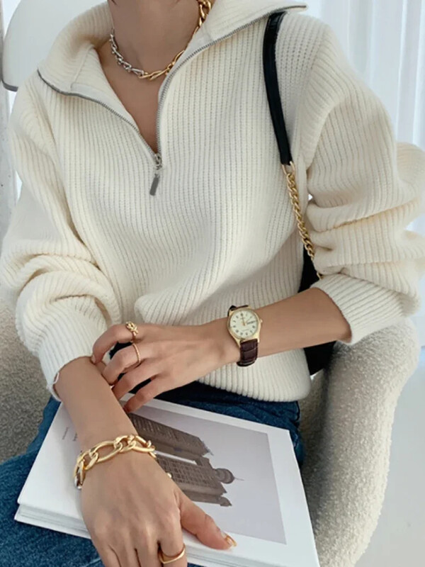 Fermoare pentru damă cu gât țestesc Pulovere pentru femei la modă Pulover largi, cu mânecă lungă, ocazional, tricotat, iarna 2024