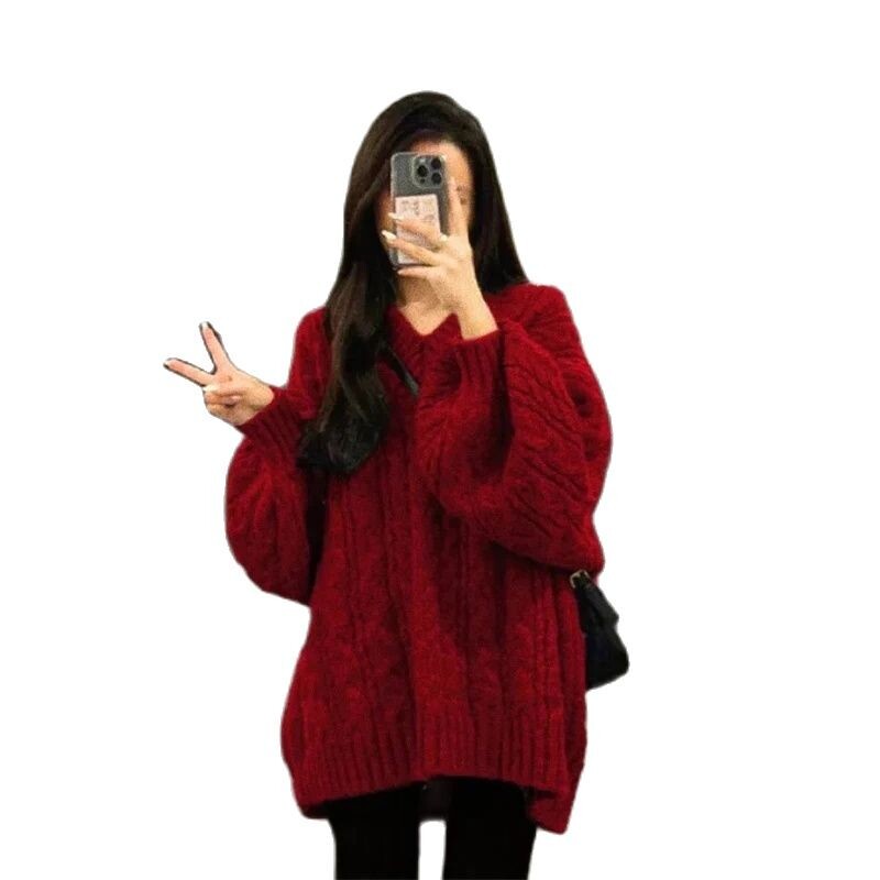 Γυναικείο φθινοπωρινό χειμερινό πουλόβερ με λαιμόκοψη V 2024 Γυναικείο πουλόβερ κορυφαίας ποιότητας Ρετρό μονόχρωμο Top Loose ευέλικτο πουλόβερ