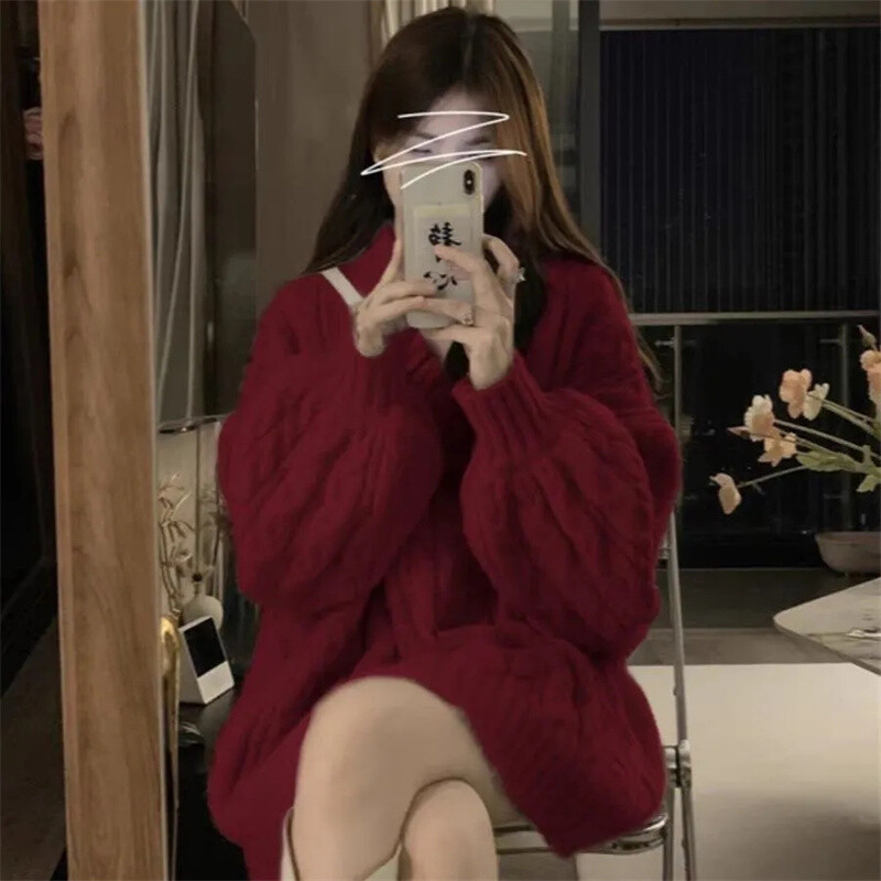 Γυναικείο φθινοπωρινό χειμερινό πουλόβερ με λαιμόκοψη V 2024 Γυναικείο πουλόβερ κορυφαίας ποιότητας Ρετρό μονόχρωμο Top Loose ευέλικτο πουλόβερ