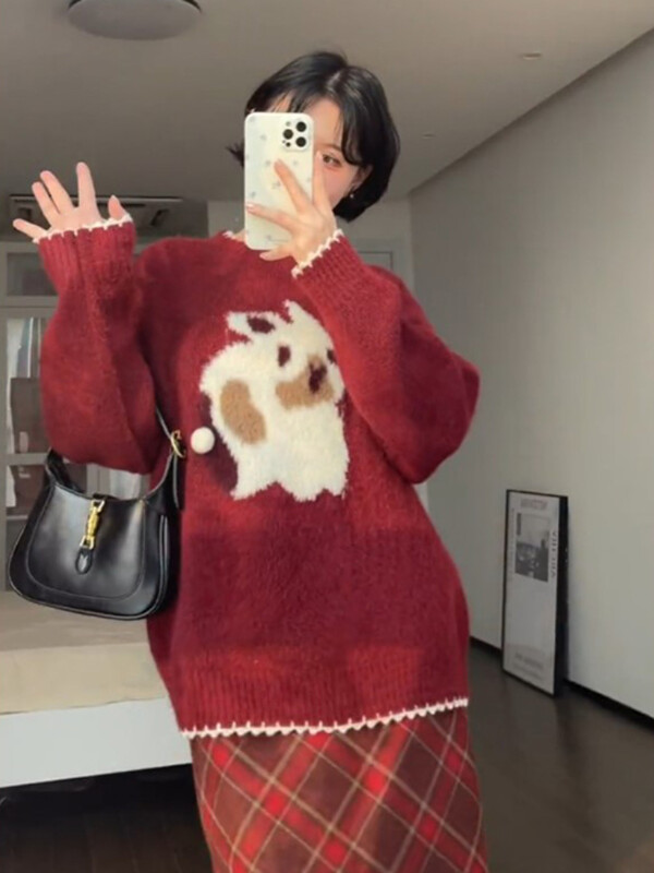 Sarkani trikotāžas džemperi Sievietēm brīvi Festivāli Brīvais laiks O veida kakla izgriezums Jauki saldi Y2k Vintage multfilmu džemperi Ulzzang All-match Ins Hot