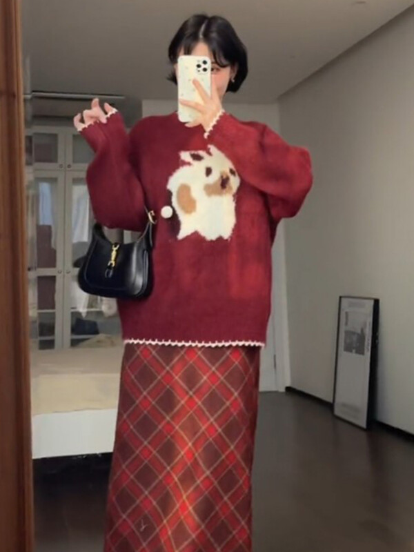 Sarkani trikotāžas džemperi Sievietēm brīvi Festivāli Brīvais laiks O veida kakla izgriezums Jauki saldi Y2k Vintage multfilmu džemperi Ulzzang All-match Ins Hot