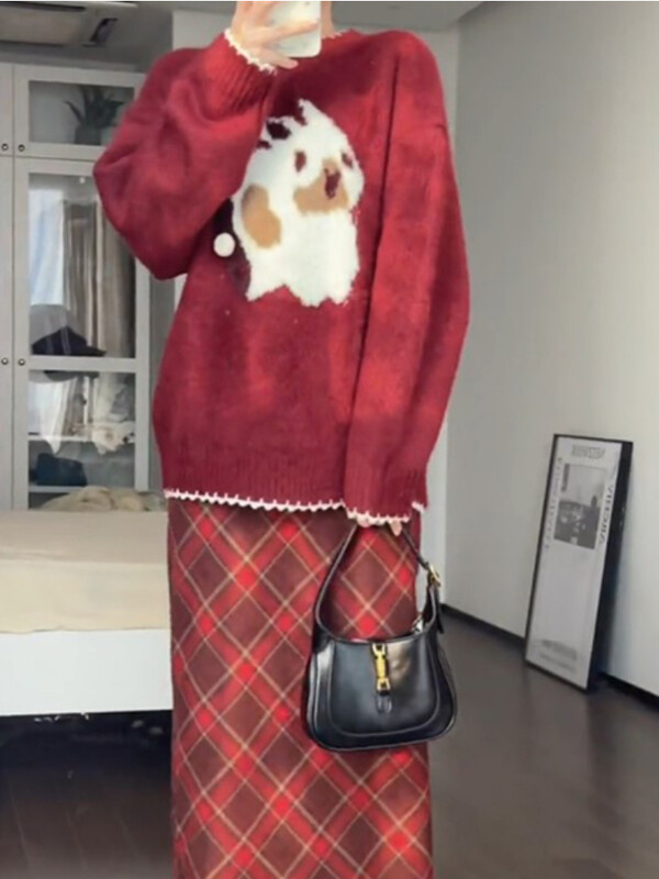 Sarkani trikotāžas džemperi Sievietēm brīvi Festivāli Brīvais laiks O veida kakla izgriezums Jauki saldi Y2k Vintage multfilmu džemperi Ulzzang All-match Ins Hot