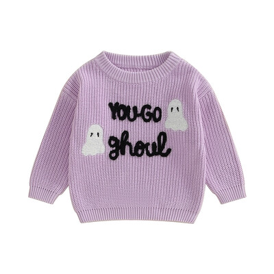 2024-05-24 Lioraitiin Baby Girl Pulóver Halloween Ghost Letters Hímzés Melegen kötött, Hosszú ujjú Pulóver Kötött Felsők