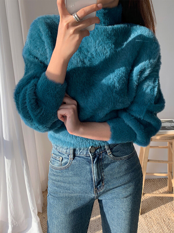 JMPRS Pulovers Sieviešu īss džemperis Modes Matains Laternas Piedurknes Rudens Sieviešu Džemperis Adījums Ikdienišķs Korejiešu Stils Sieviešu melni Topi