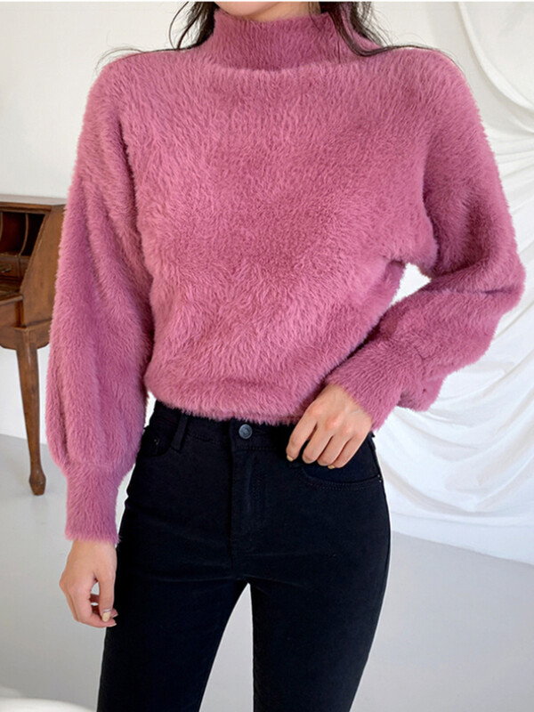 JMPRS Pulovers Sieviešu īss džemperis Modes Matains Laternas Piedurknes Rudens Sieviešu Džemperis Adījums Ikdienišķs Korejiešu Stils Sieviešu melni Topi