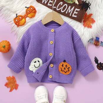 2024-05-31 Lioraitiin Baby Girls Halloween Knitted Cardigan Ghost Pumpkin Embroidery Crew Neck Παλτό Φθινοπωρινό Χειμερινό μπουφάν