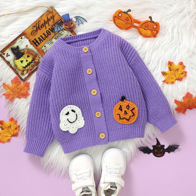 2024-05-31 Lioraitiin Baby Girls Halloween Kötött kardigán Ghost Pumpkin Hímzés Crew Neck Pulóver Kabát Őszi Téli Kabát