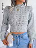 Aoaiiys Vágott pulóverek Női pulóverek Kötött O-nyakú, szabad köldökből álló pulóverek Lámpás ujjú Vágott pulóverek Őszi tél