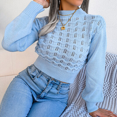 Aoaiiys Vágott pulóverek Női pulóverek Kötött O-nyakú, szabad köldökből álló pulóverek Lámpás ujjú Vágott pulóverek Őszi tél