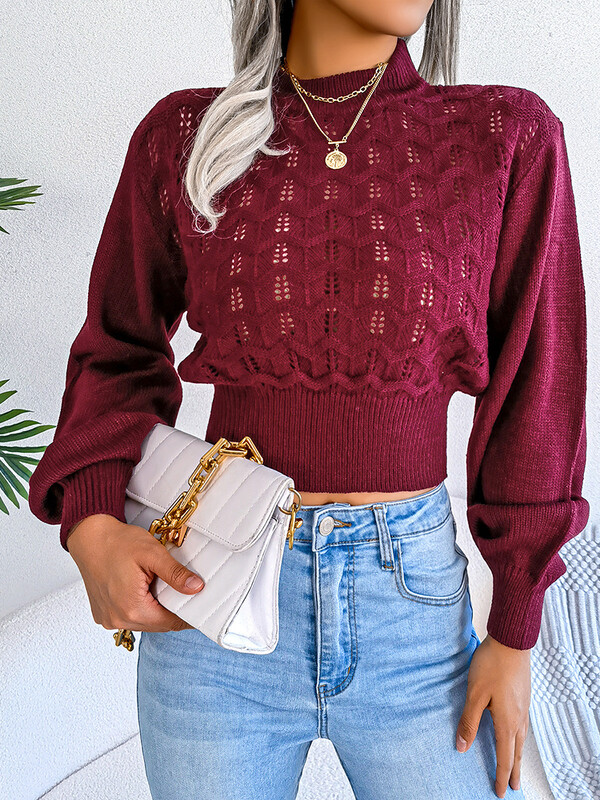 Aoaiiys Vágott pulóverek Női pulóverek Kötött O-nyakú, szabad köldökből álló pulóverek Lámpás ujjú Vágott pulóverek Őszi tél