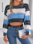 Pulover Aoaiiys Femei Pulovere decupate Pulovere tricotate Patchwork Scobite Pulovere Maneca Lanterna Buric expus Pulovere Toamna Iarna