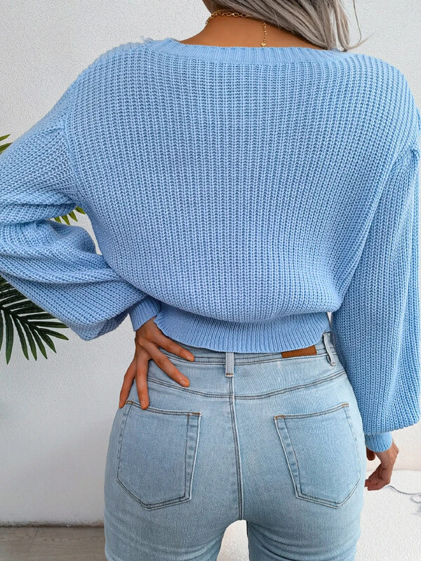 Aoaiiys pulover decupat tricotat femei toamnă iarnă pulovere galbene cu gâtul O Pulovere cu mânecă lanternă Pulovere calde, lejere, casual