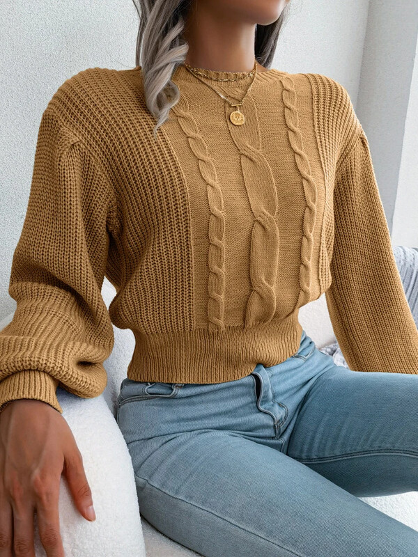 Aoaiiys pulover decupat tricotat femei toamnă iarnă pulovere galbene cu gâtul O Pulovere cu mânecă lanternă Pulovere calde, lejere, casual