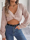 Aoaiiys Πλεκτό Cropped Γυναικείο Πουλόβερ Φθινόπωρο Χειμώνας Σέξι πουλόβερ με εκτεθειμένο αφαλό