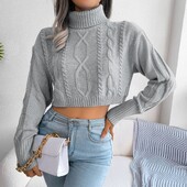 2024. gada jauns, vienkrāsains, garām piedurknēm bruņurupuču džemperi ar apgrieztu Crop džemperi.