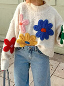 Πουλόβερ γυναικεία στρογγυλή λαιμόκοψη μεγάλο λουλούδι χοντρή βελόνα πουλόβερ με μακριά μανίκια φθινόπωρο χειμώνα