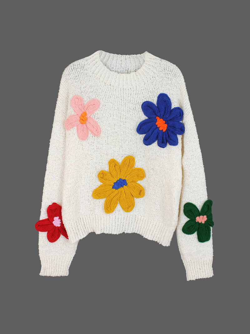 Πουλόβερ γυναικεία στρογγυλή λαιμόκοψη μεγάλο λουλούδι χοντρή βελόνα πουλόβερ με μακριά μανίκια φθινόπωρο χειμώνα