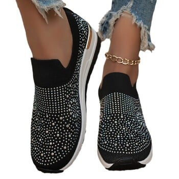 Πορτοκαλί Rhinestone Casual Sneakers Breathable Wedge Γυναικεία ελαφριά παπούτσια Slip On 2024 Νέα άνετα αθλητικά παπούτσια με πλέγμα άνοιξης