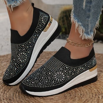 Πορτοκαλί Rhinestone Casual Sneakers Breathable Wedge Γυναικεία ελαφριά παπούτσια Slip On 2024 Νέα άνετα αθλητικά παπούτσια με πλέγμα άνοιξης