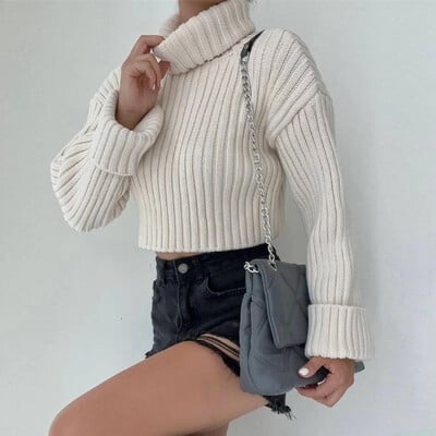Pulover OMCHION Pull Femme 2023 toamna/iarna noua culoare solida pulover tricotat cu fir pulover scurt cu gât roscat pentru femei Pulover