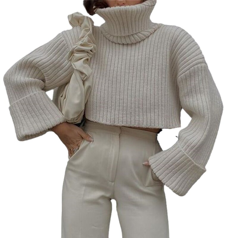 Pulover OMCHION Pull Femme 2023 toamna/iarna noua culoare solida pulover tricotat cu fir pulover scurt cu gât roscat pentru femei Pulover