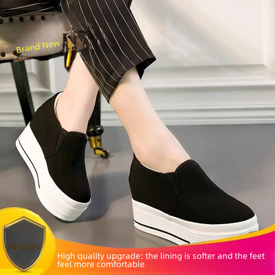 Παπούτσια Canva με αυξημένο τακούνι με χοντρό κάτω μέρος 2024 Άνοιξη Φθινόπωρο Νέα Lazy Shoes Κοστούμι Πόδι Εσωτερικό αυξημένο τακούνι 10 cm Λευκό