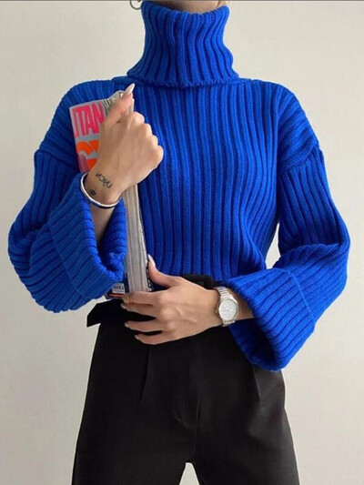 Női őszi csengő ujjú garbó bő, rövid pulóver pulóver Vintage pulóver női téli meleg kötött pulóver puha 2980