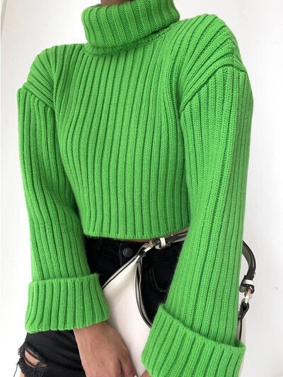 Női őszi csengő ujjú garbó bő, rövid pulóver pulóver Vintage pulóver női téli meleg kötött pulóver puha 2980