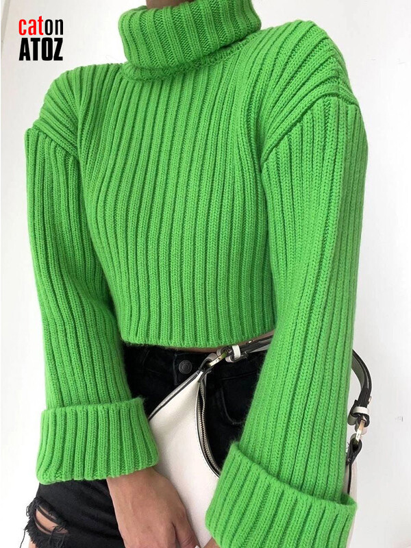 Női őszi csengő ujjú garbó bő, rövid pulóver pulóver Vintage pulóver női téli meleg kötött pulóver puha 2980